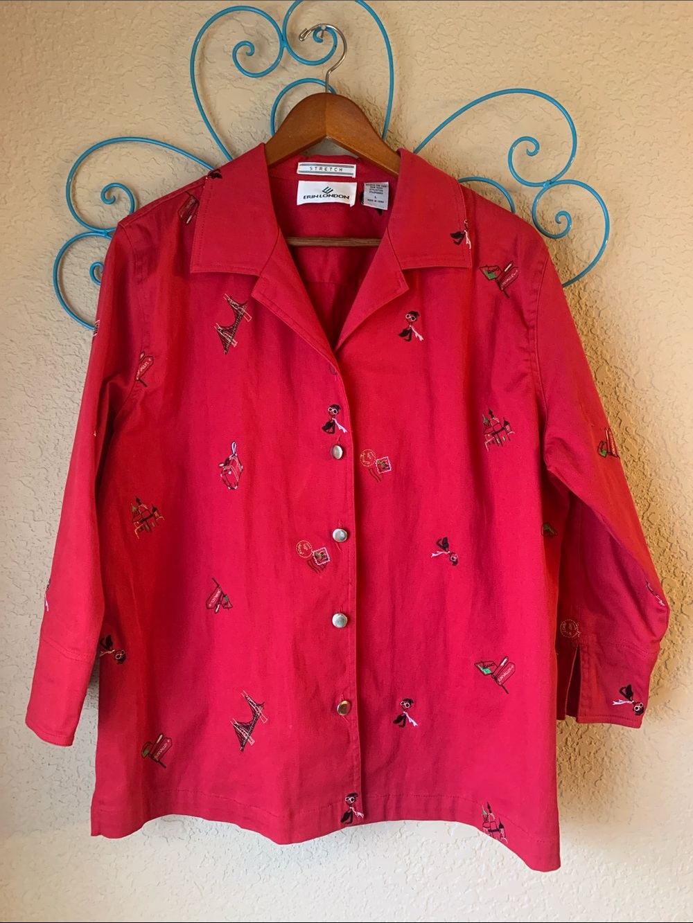 Vintage Erin London Red Embroidered Button-Front Women's Shirt Jacket